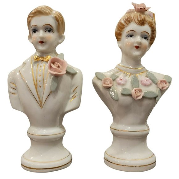 Vintage Bone China Flower Couple Figurines Hand Painted w Gold Accents Set of 2 - Picture 1 of 11